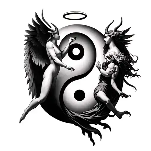 yin Yang symbol with two angels fighting, one angel with halo the other with devil horns  tattoo design idea