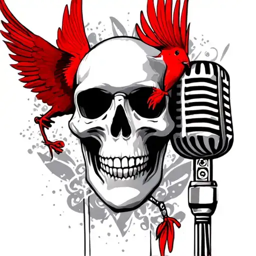 skull with red bird and Elvis microphone  tattoo design idea