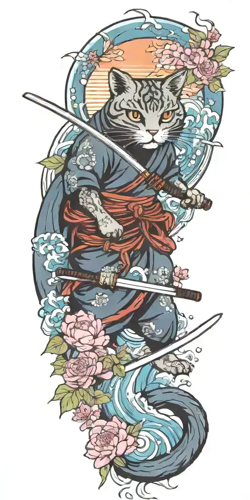 ninja cat holding katana, tail, water, waves, lotus, sakura, clouds, whirlpool, leaves, peony, sunset tattoo design idea
