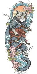 ninja cat holding katana, tail, water, waves, lotus, sakura, clouds, whirlpool, leaves, peony, sunset tattoo design idea