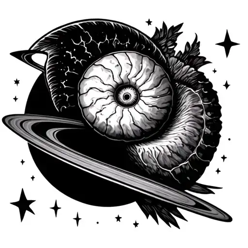 arm tattoo, black, combines australian magpie, ammonite fossil and saturn with stars tattoo design idea