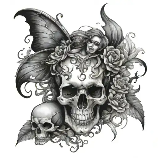 skull and fairy surrounded tattoo design idea
