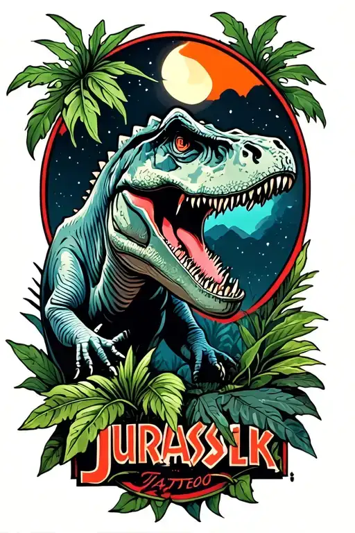 jurassic park style tattoo with some plants, a T-rex and the night sky all in amber tattoo design idea