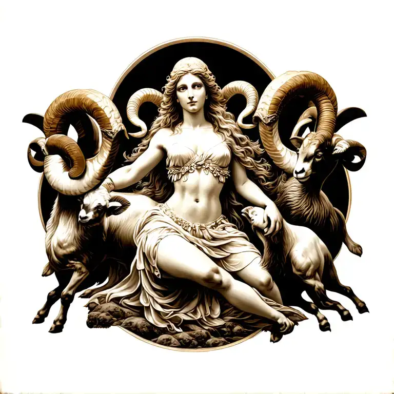 Aries goddess surrounded by rams fighting in a valley tattoo design idea