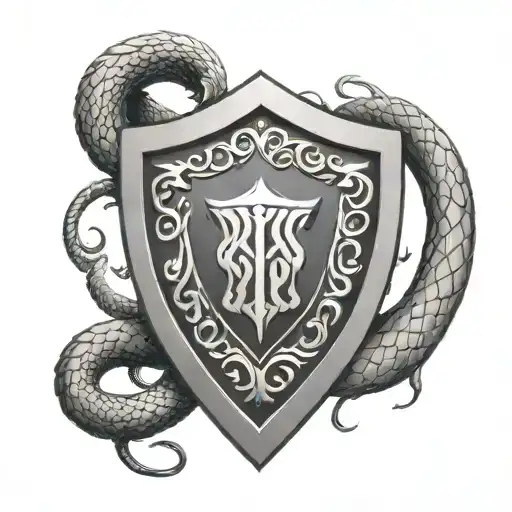 medieval shield with protection symbol in the centre and a king brown snake coiled around the bottom of the shield in a  tattoo design idea