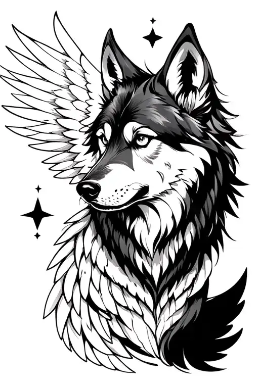 anime and western inspired design about a fantasy wolf with wings and stars tattoo design idea