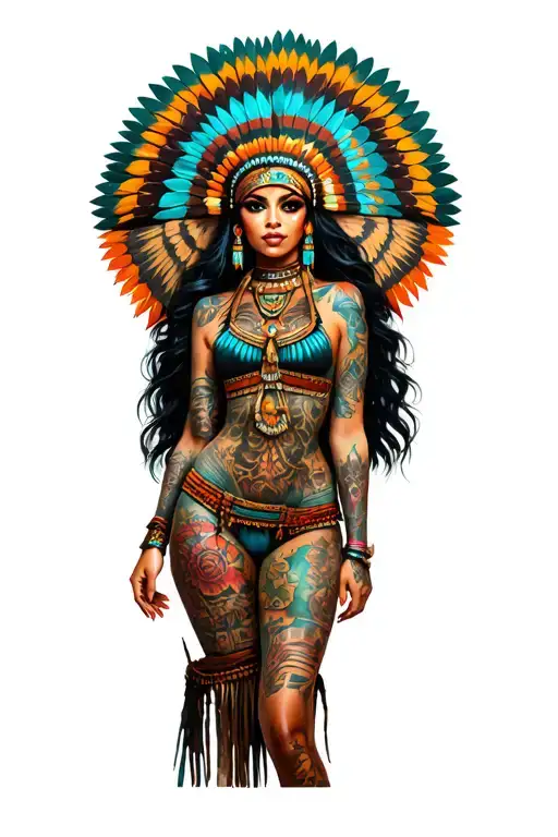 Aztec girl as a pinup girl with tattoos full body figure  tattoo design idea