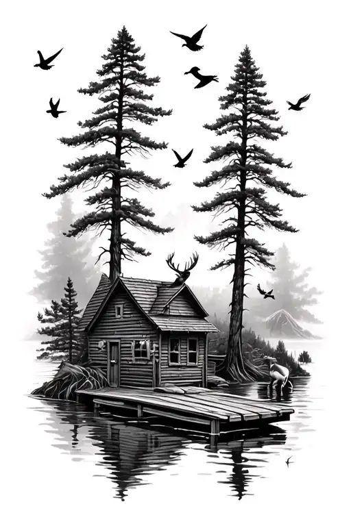 cypress trees, water ducks flying, deer, shotgun cabin and dock tattoo design idea