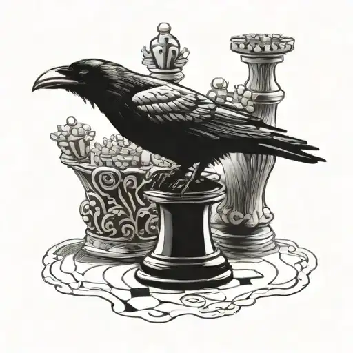 Raven perched on top of rook chess piece tattoo design idea