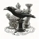 Raven perched on top of rook chess piece tattoo design idea