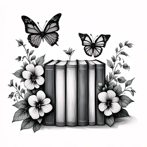 books with butterflies and violets tattoo design idea