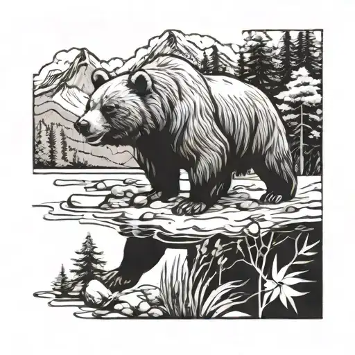 blind eyed angry roaring bear surrounded by nature tattoo design idea