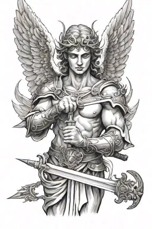 angelic statue holding sword wings tucked in tattoo design idea