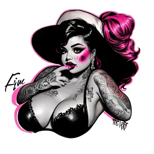 Short, chubby, sexy Pinup girl tattoo with pink hair and a mole on her right cheek and she's biting her bottom lip with  tattoo design idea