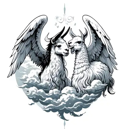Angel and Demon Facing with clouds and llamas around tattoo design idea