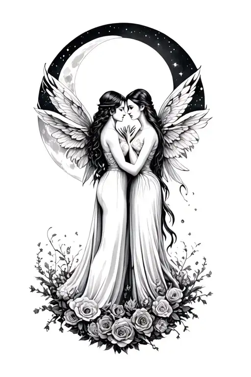 seraphim and faerie in love by the moon phases tattoo design idea