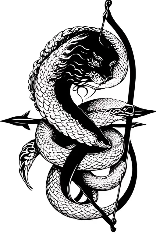 Sagittarius feminine snake intertwined around a  bow & arrow tattoo design idea