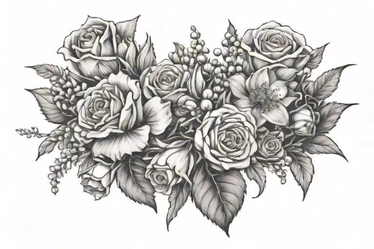 Carnation, Daffodil, Daisy, Lily of the Valley, Rose, Poppy, Marigold, Holly, bouquet  tattoo design idea