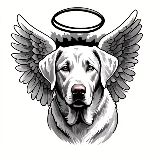 A memorial tattoo of a silver Labrador with angel wings and a halo, symbolizing the beloved dog's spirit watching over you tattoo design idea
