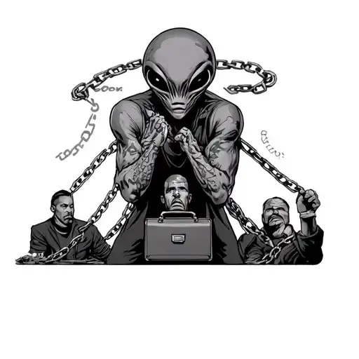 an extraterrestrial, a man under him stressed, worried, and under him another man with a briefcase, chained in chains tattoo design idea