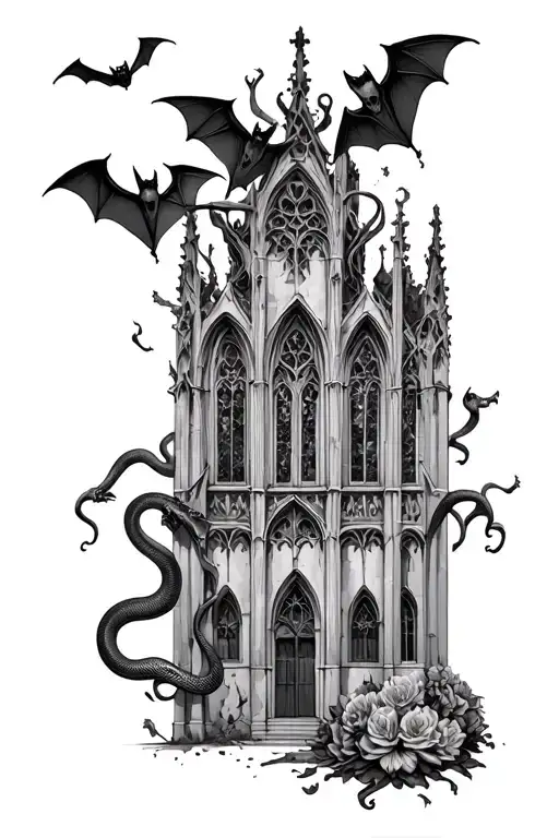 gothic cathedral with stained glass windows, dark victorian accents, rotting flowers, bats flying and snakes and skulls tattoo design idea