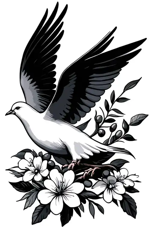 dove holding olive branch surrounded with flowers intertwined tattoo design idea