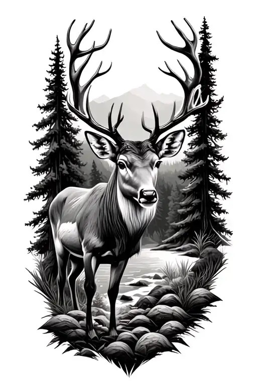 deer and forest landscape tattoo design idea