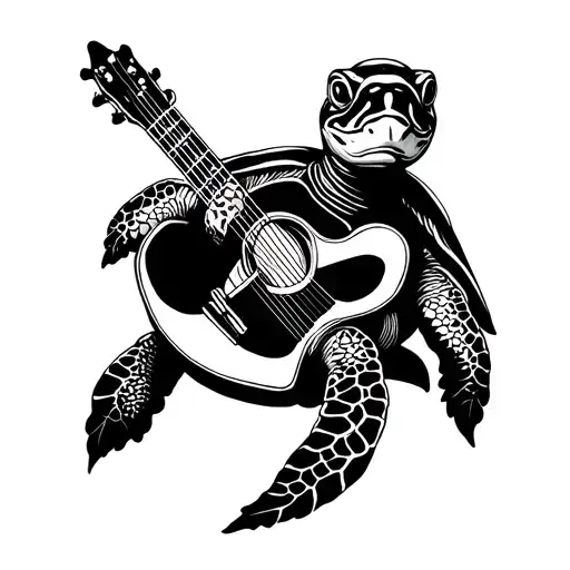 A turtle playing a guitar in a serene underwater setting tattoo design idea