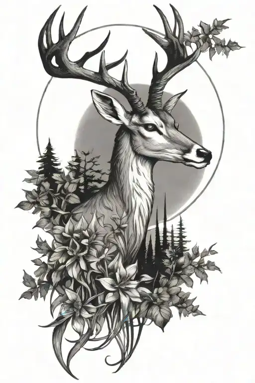 Gazelle and forest and shining full moon   tattoo design idea