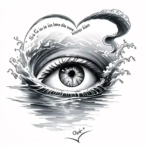"So viel Eis im Herz lässt die Stimme kälter kling'n" writing on the water waves eye on the arm tattoo design idea