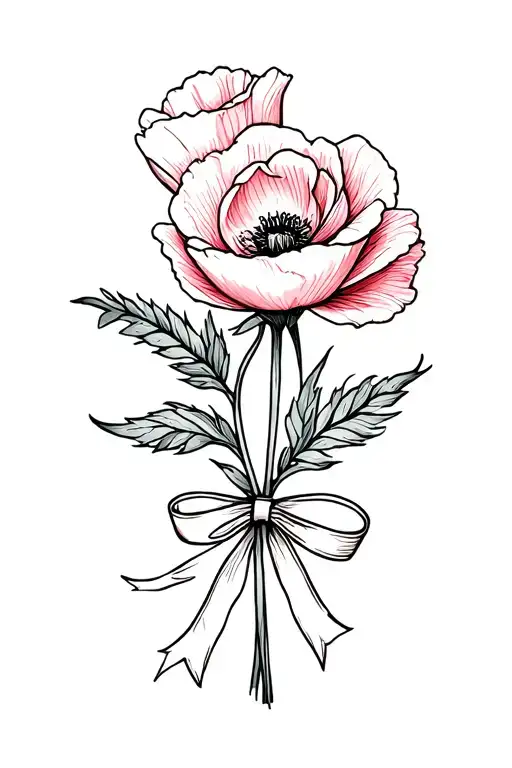 fine line Rose and Poppy single flower, in a bouqet with a bow  tattoo design idea