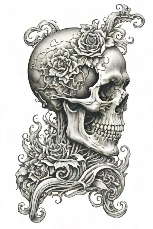 skull and creativity flowing like waves tattoo design idea