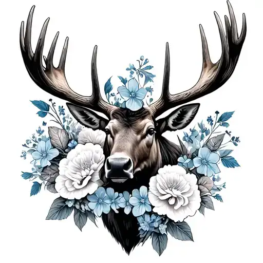 Moose antlers surrounded by Carnations and Forget Me Nots tattoo design idea