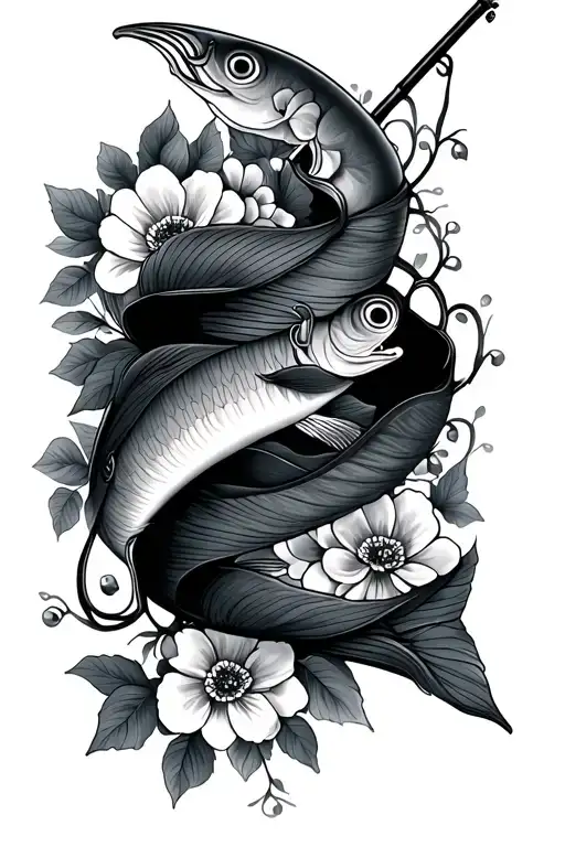fishing pole wrapped with floral vine tattoo design idea