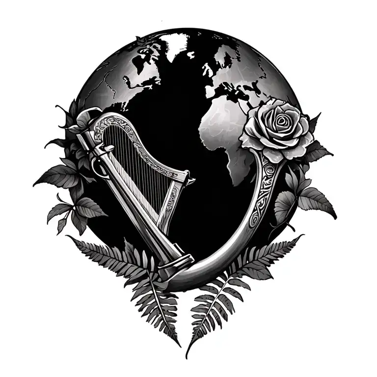 guns and roses intertwined with globe in middle and new Zealand Maori fern, Australian boomerang, Irish harp and slash t tattoo design idea