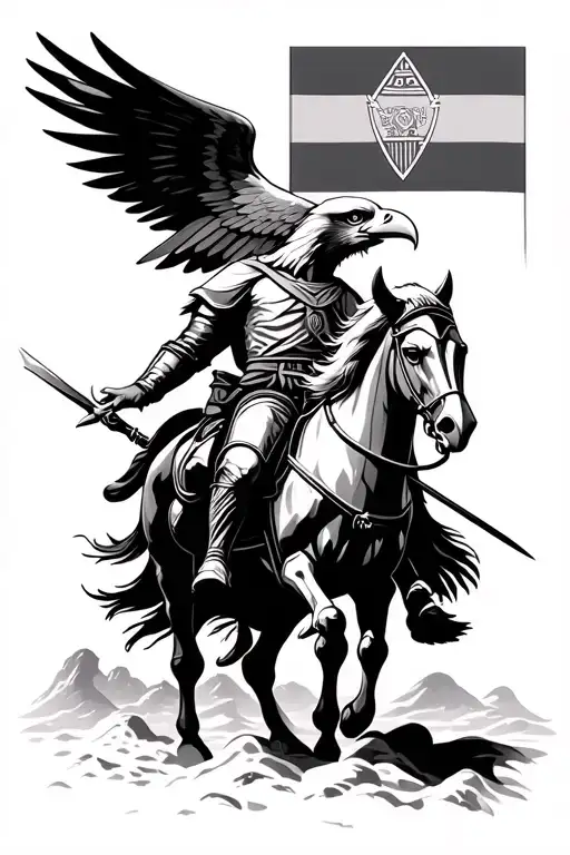 assyrian flag in the background with eagle and knight riding tattoo design idea
