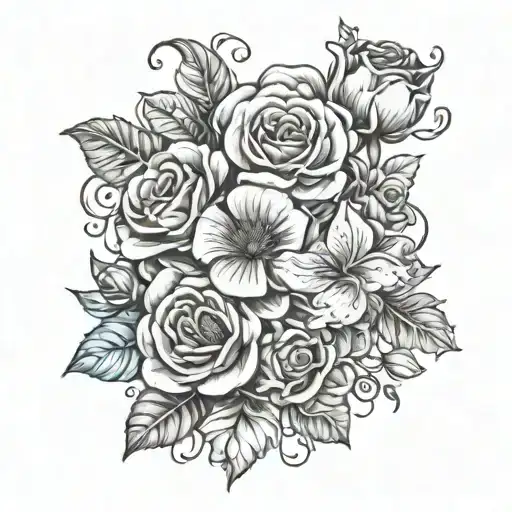 Nu-school tattoo design of kids birth flowers with 3 morning glory, 1 peonies, 1 rose, 1 water liley, 1 daffodil tattoo design idea