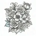 Nu-school tattoo design of kids birth flowers with 3 morning glory, 1 peonies, 1 rose, 1 water liley, 1 daffodil tattoo design idea