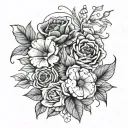 Nu-school tattoo design of kids birth flowers with 3 morning glory, 1 peonies, 1 rose, 1 water liley, 1 daffodil tattoo design idea