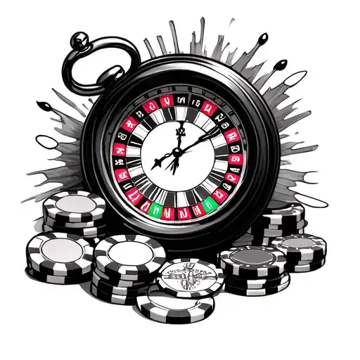 I would like you to create a tattoo design for me that includes a small clock with a burst dial, a roulette wheel, chips tattoo design idea