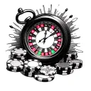 I would like you to create a tattoo design for me that includes a small clock with a burst dial, a roulette wheel, chips tattoo design idea