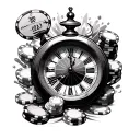 I would like you to create a tattoo design for me that includes a small clock with a burst dial, a roulette wheel, chips tattoo design idea