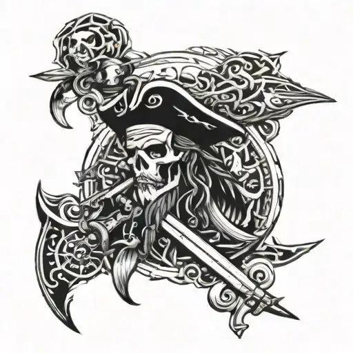 full sleev, pirate theme inspired. two ships, captain and sword tattoo design idea