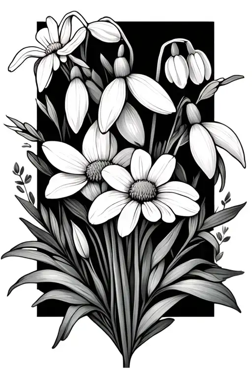 snowdrop primrose daffodil daisy honeysuckle cosmos flower bouquet tattoo design idea