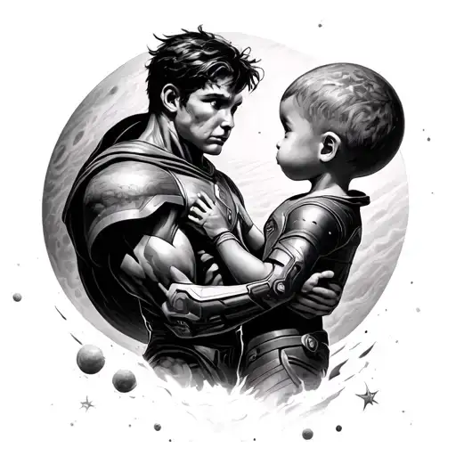 Jupiter and a superhero child tattoo design idea