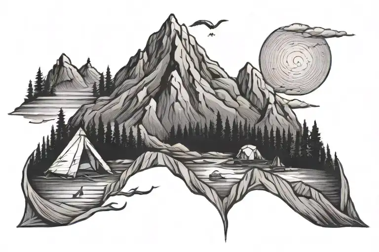 "Tomorrow might be late" with a mountain, a river, a tent and a campfire tattoo design idea