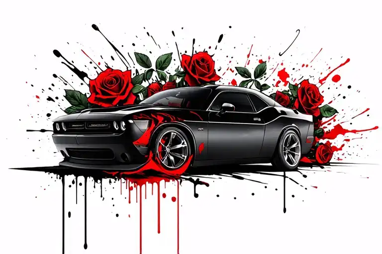 roses and a 2013 dodge challenger muscle car tattoo design idea