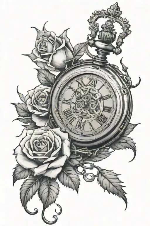 1 pocket watch surrounded by roses that have thorns wrapping tattoo design idea