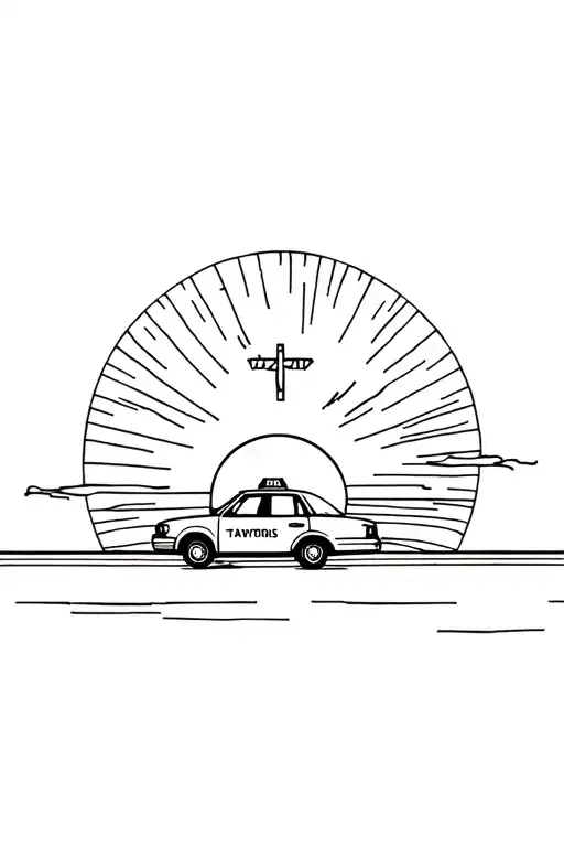 Taxi on the way to heaven with God in a background sunset tattoo design idea