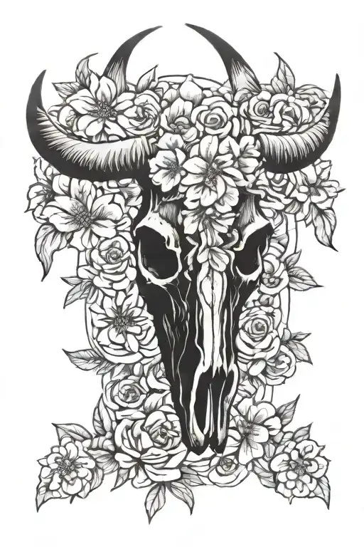 longhorn skull with flowers tattoo design idea